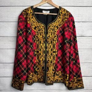 Vtg Maggie London 100% Silk Shaket Blazer Buttoned Top Size 24 Red Plaid Baroque